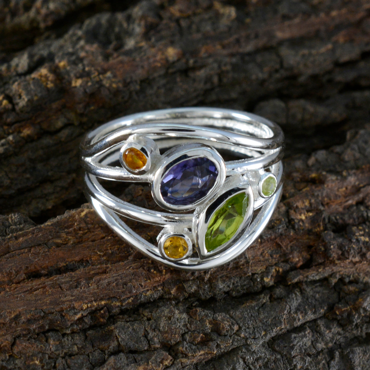 Multi Stone Penta Indian 925 Sterling Silver multicolor Gemstone Eye catching Abstract Ring Jewellery