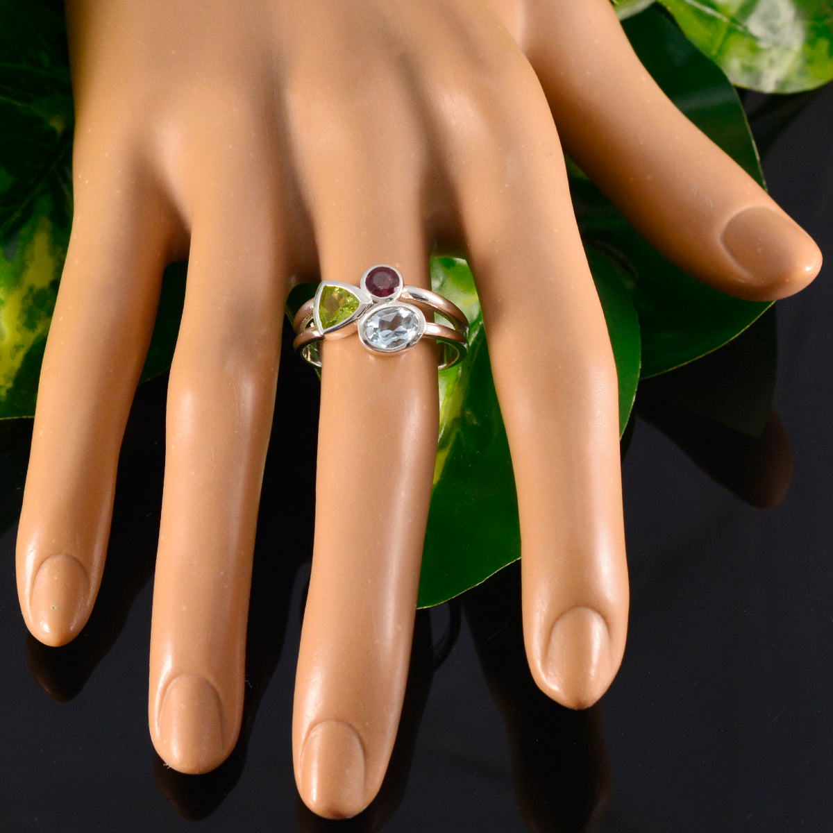 Multi Stone Trilogy African Silver multicolor Gemstones Minimal Feminine Ring Jewelry