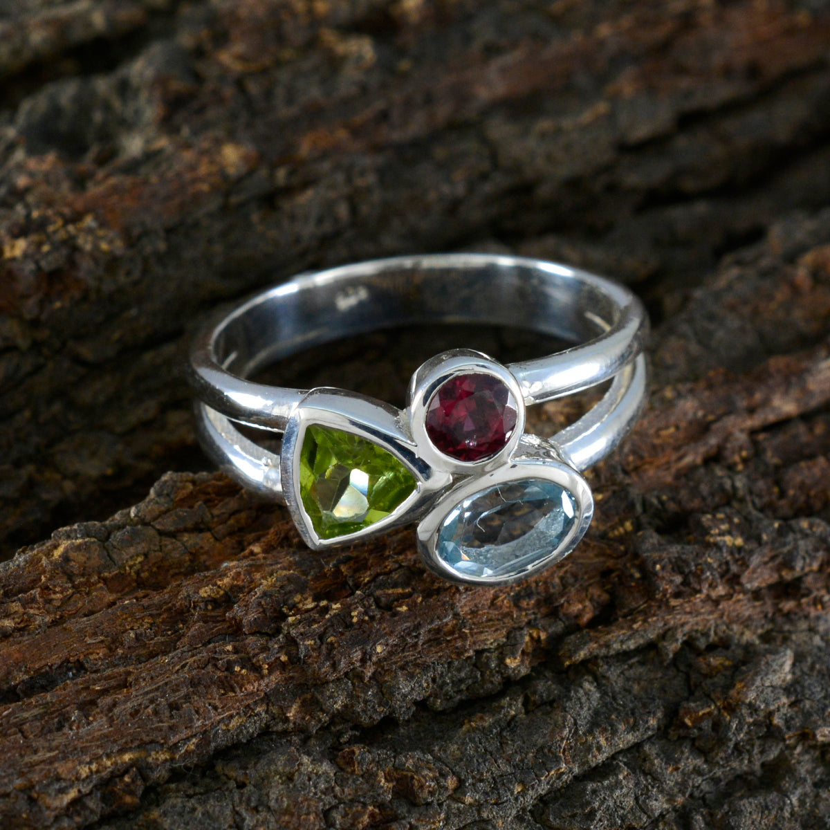 Multi Stone Trilogy African Silver multicolor Gemstones Minimal Feminine Ring Jewelry