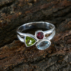 Multi Stone Trilogy African Silver multicolor Gemstones Minimal Feminine Ring Jewelry