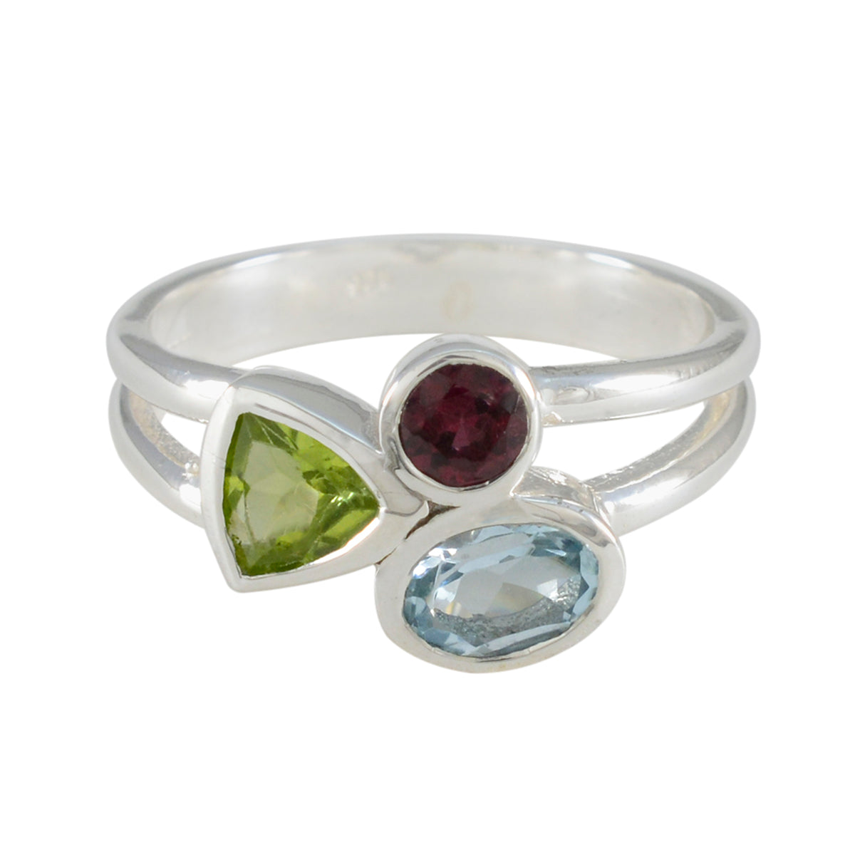 Multi Stone Trilogy African Silver multicolor Gemstones Minimal Feminine Ring Jewelry