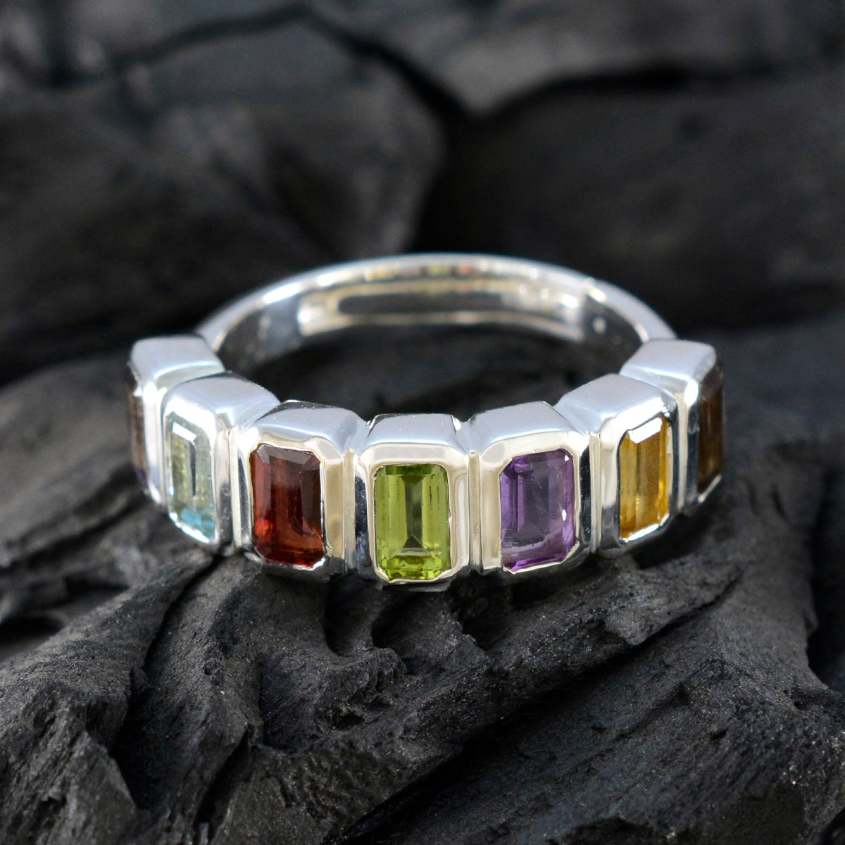 Multi Stone Hepta Indian 92.5 Silver multicolor Gemstone Featherlight Modern Band Jewellery
