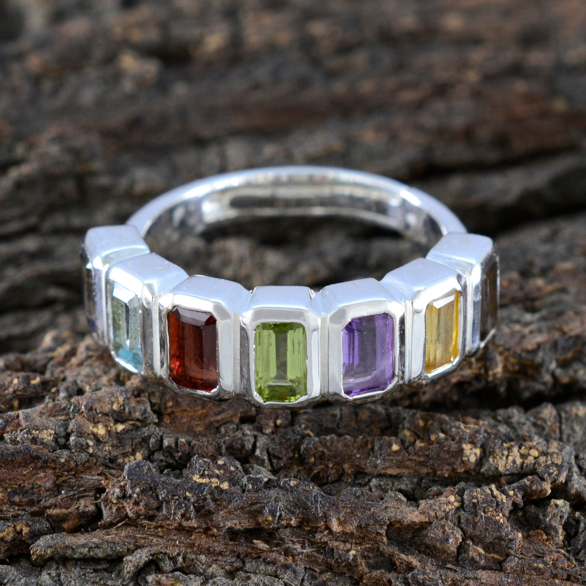 Multi Stone Hepta Indian 92.5 Silver multicolor Gemstone Featherlight Modern Band Jewellery