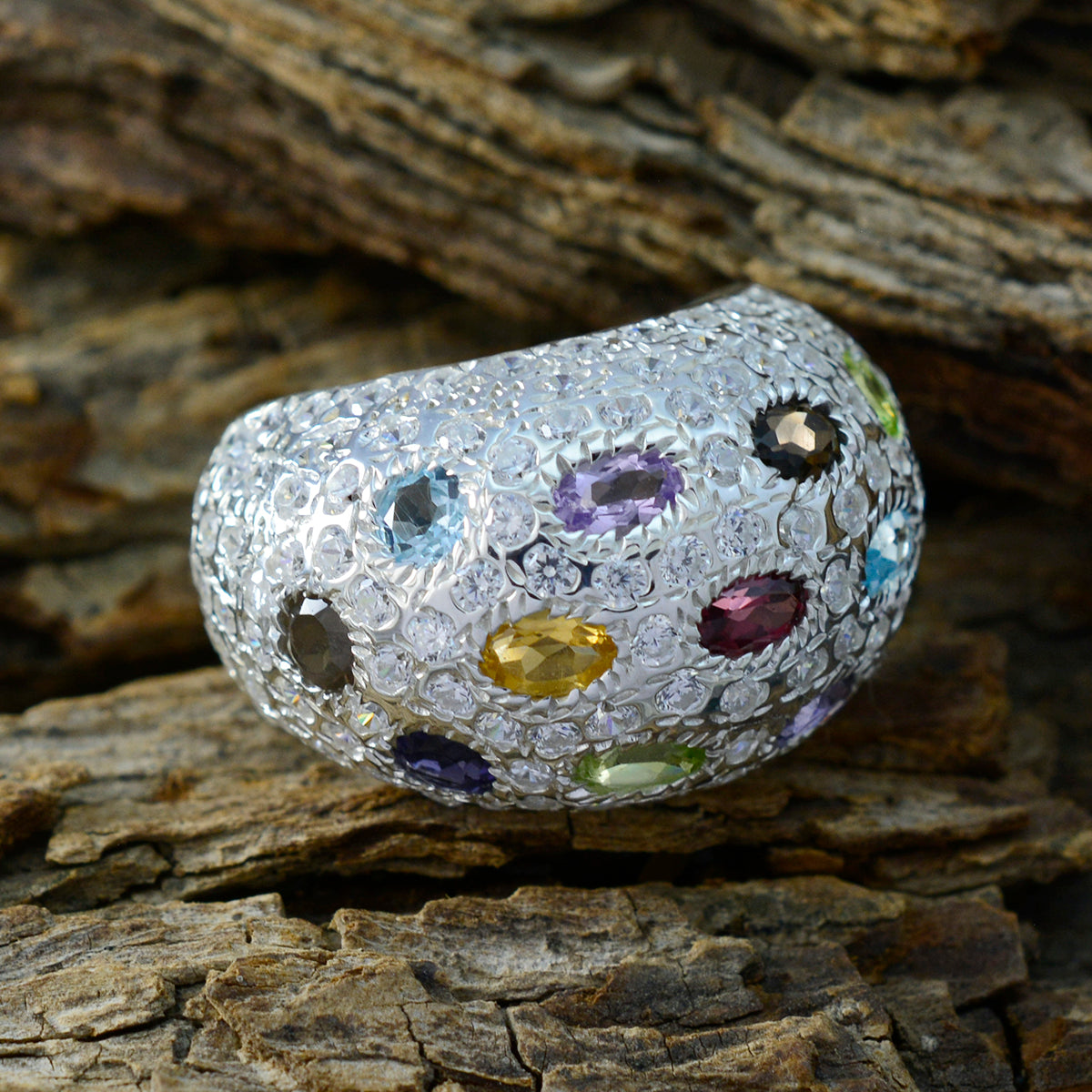 Multi Stone multiple French Sterling Silver multicolor Gemstone Statement Cocktail Ring Jewelry