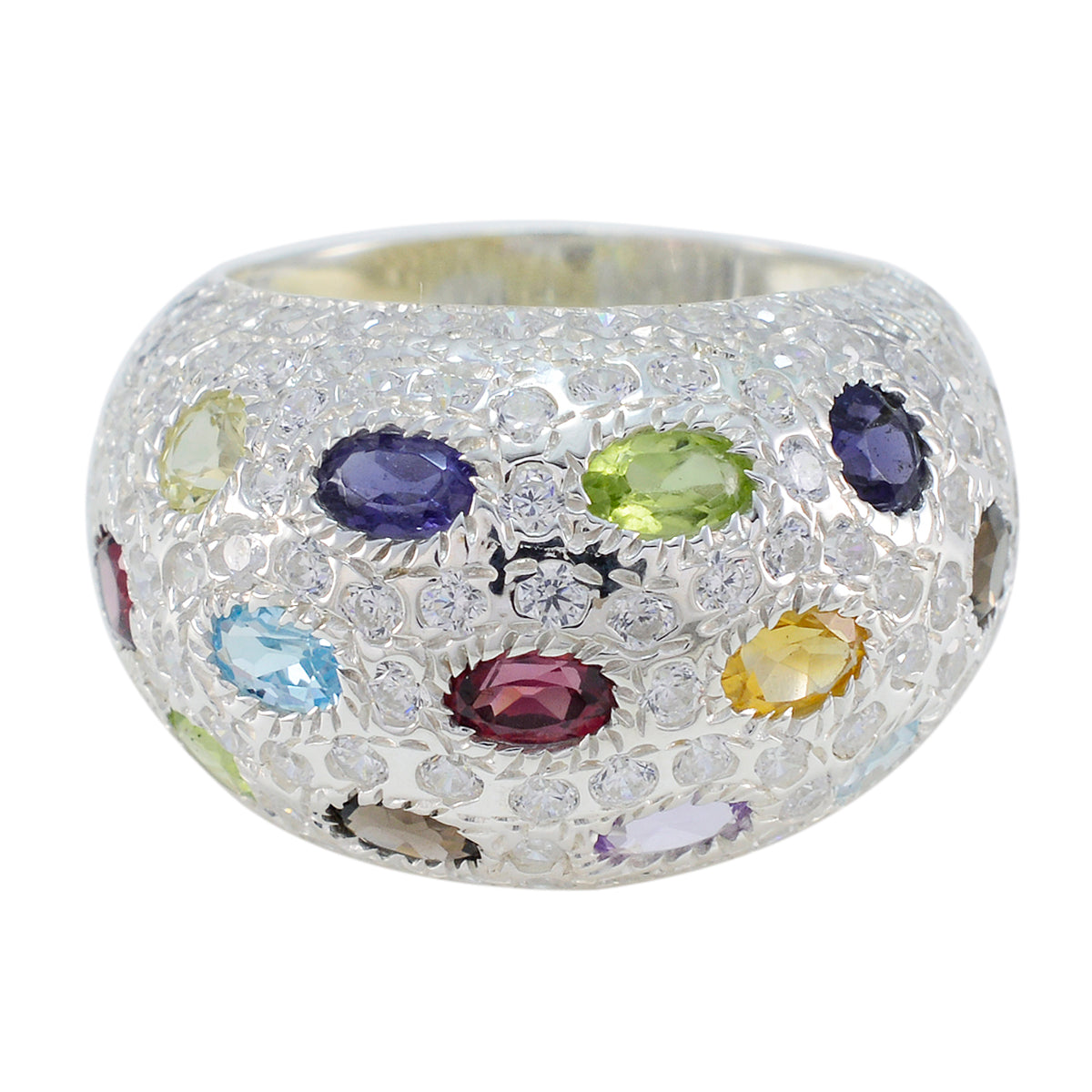Multi Stone multiple French Sterling Silver multicolor Gemstone Statement Cocktail Ring Jewelry