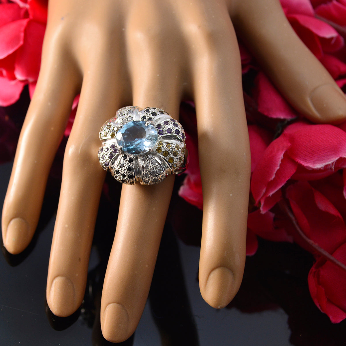 Multi Stone Halo French 925 Sterling Silver multicolor Gemstone Statement Cocktail Ring Jewellery
