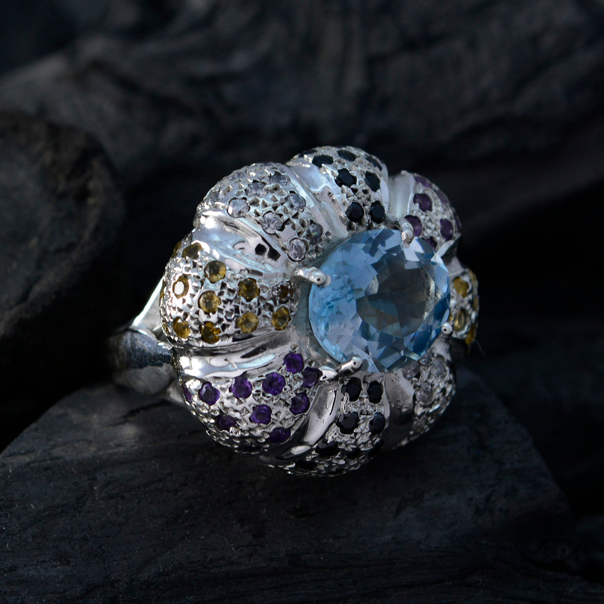 Multi Stone Halo French 925 Sterling Silver multicolor Gemstone Statement Cocktail Ring Jewellery