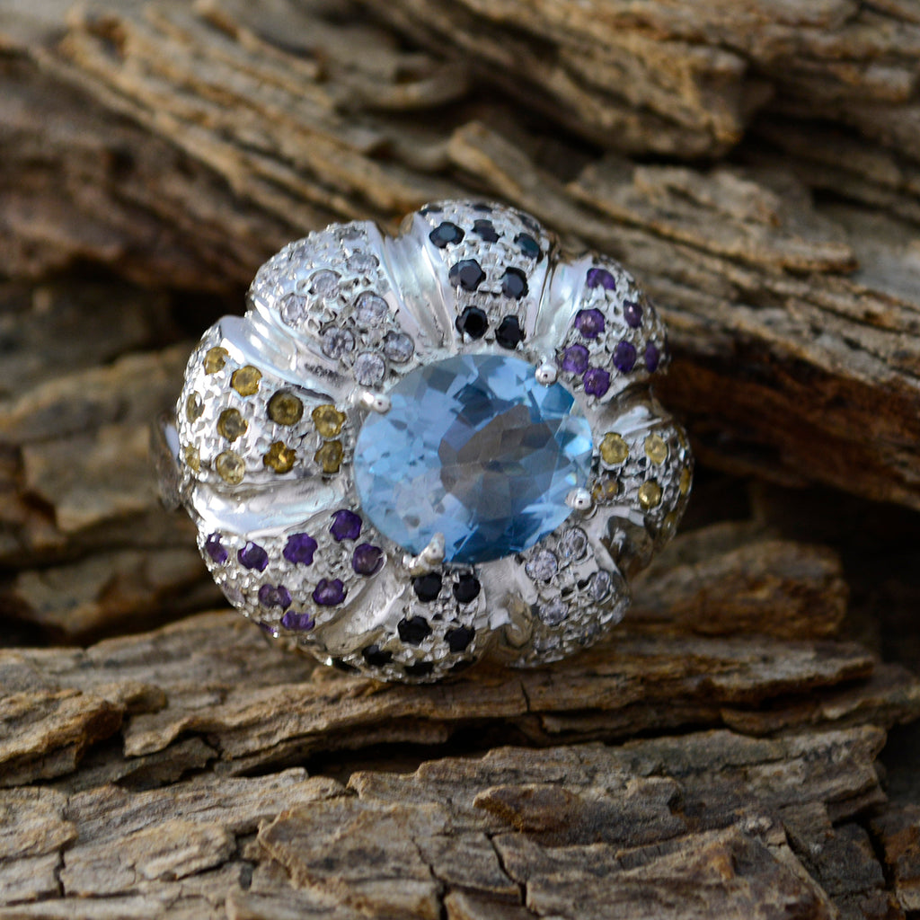 Multi Stone Halo French 925 Sterling Silver multicolor Gemstone Statement Cocktail Ring Jewellery