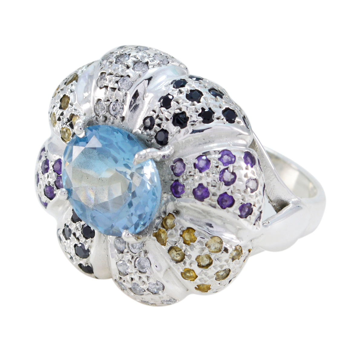 Multi Stone Halo French 925 Sterling Silver multicolor Gemstone Statement Cocktail Ring Jewellery