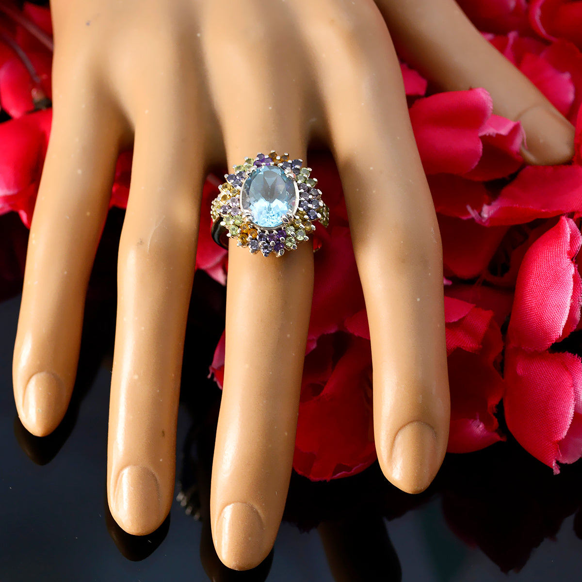 Multi Stone Halo German 925 Sterling Silver multicolor Gems Versatile Cocktail Ring Jewelry