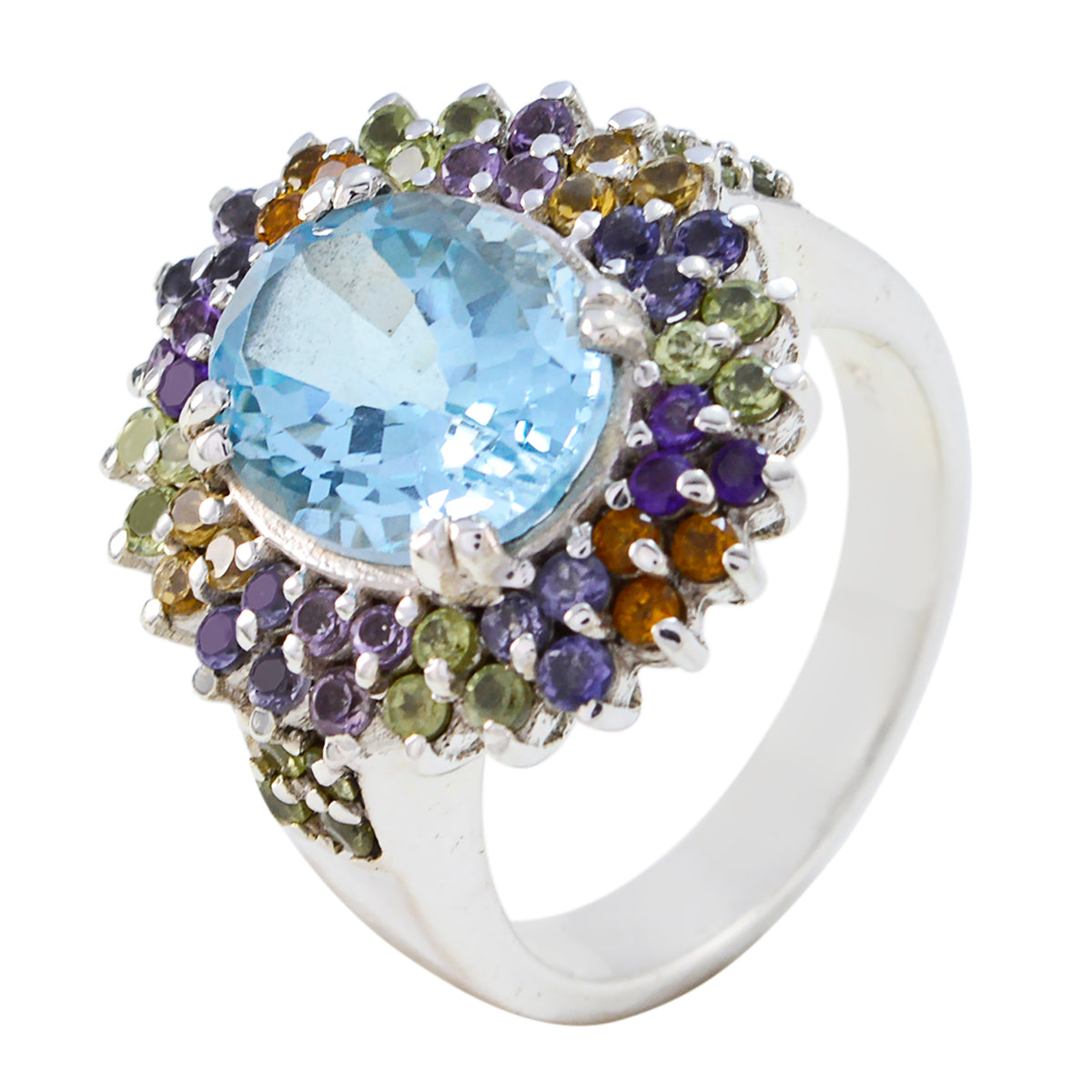 Multi Stone Halo German 925 Sterling Silver multicolor Gems Versatile Cocktail Ring Jewelry メイン画像