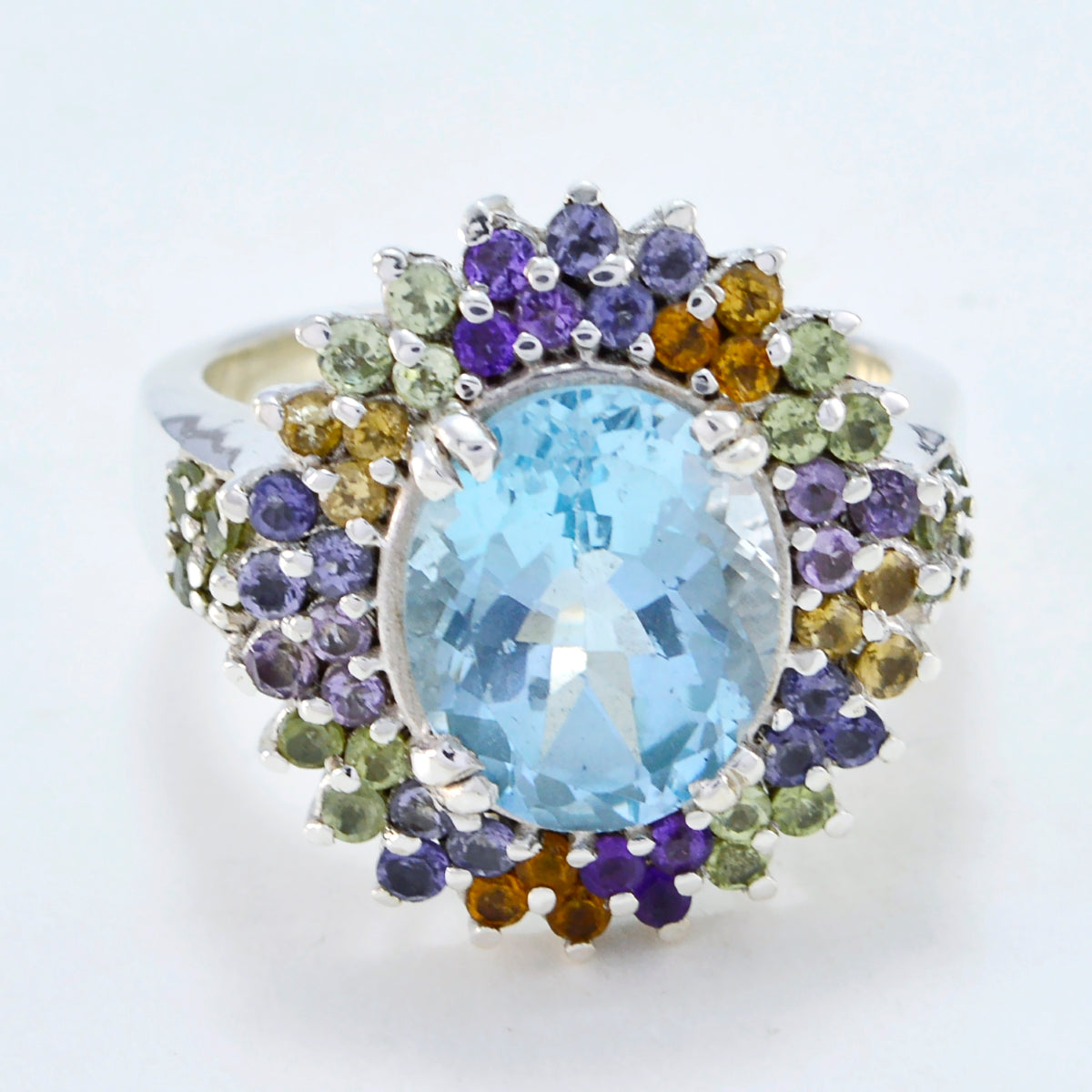 Halo-Ring aus deutschem 925er Sterlingsilber mit mehreren Steinen, mehrfarbige Edelsteine, vielseitiger Cocktail-Ring Zweitbild