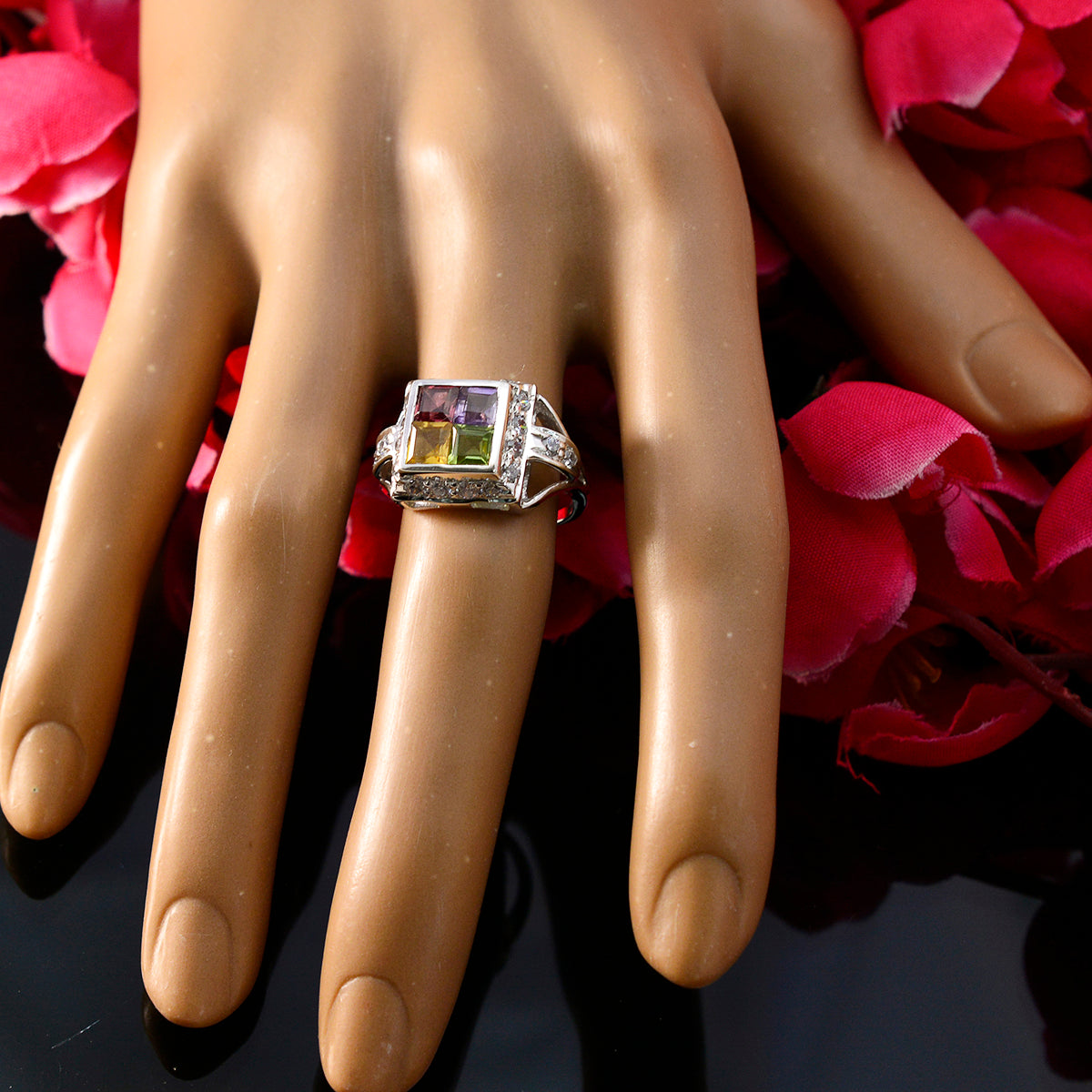 Multi Stone quarter German 925 Silver multicolor Gemstone Slim Contemporary Ring Jewelry