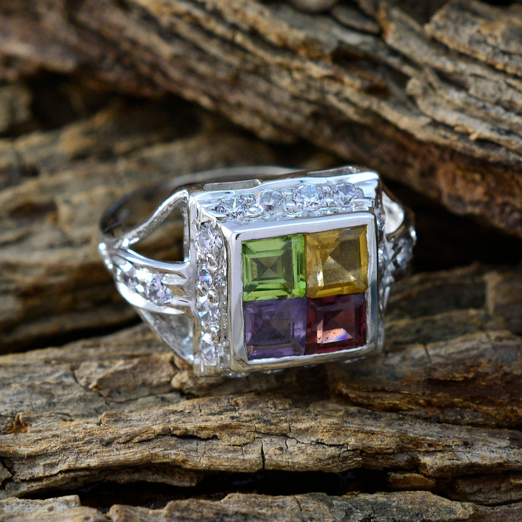 Multi Stone quarter German 925 Silver multicolor Gemstone Slim Contemporary Ring Jewelry