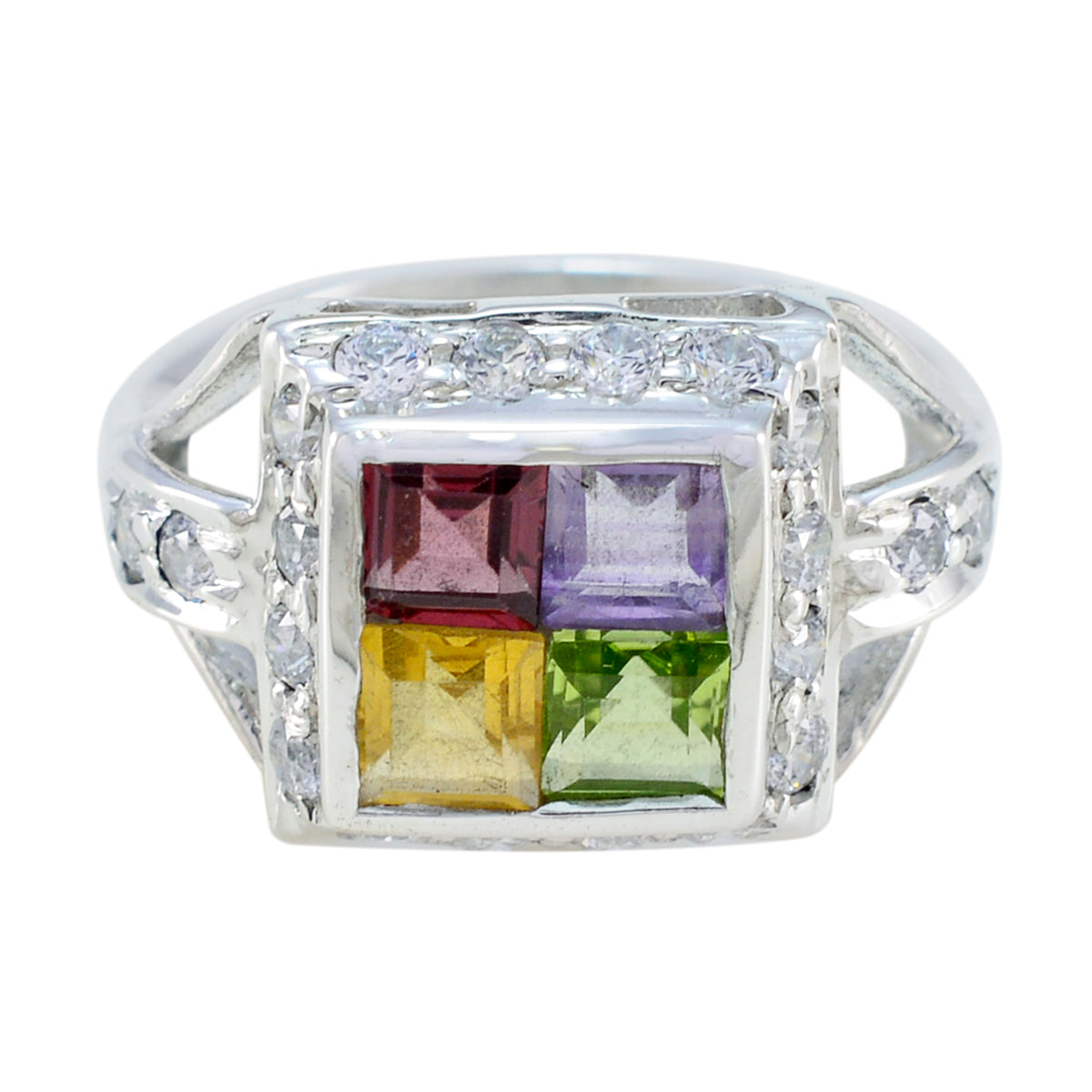Multi Stone quarter German 925 Silver multicolor Gemstone Slim Contemporary Ring Jewelry Hoofdafbeelding