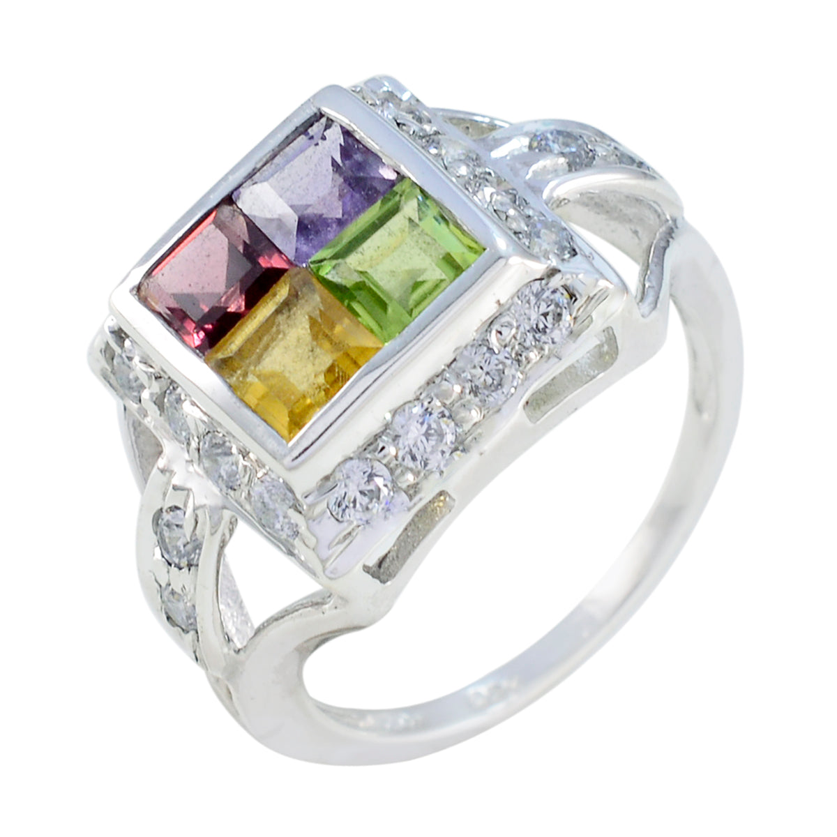 Multi Stone quarter German 925 Silver multicolor Gemstone Slim Contemporary Ring Jewelry
