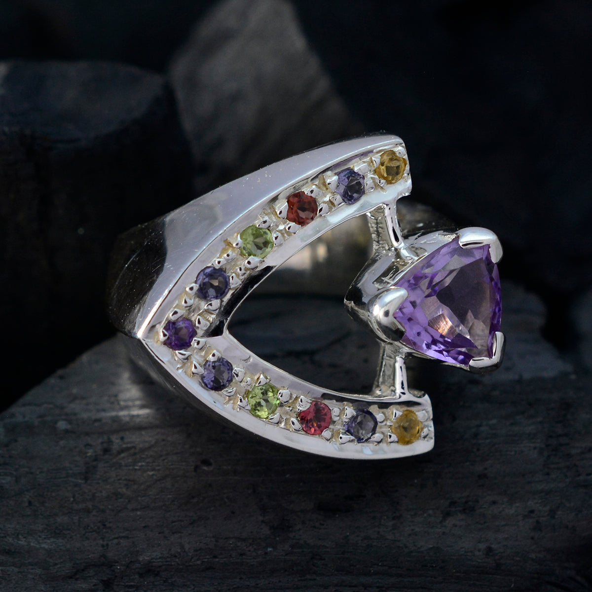 Multi Stone Halo French Sterling Silver multicolor Gemstone Statement Cocktail Ring Jewellery