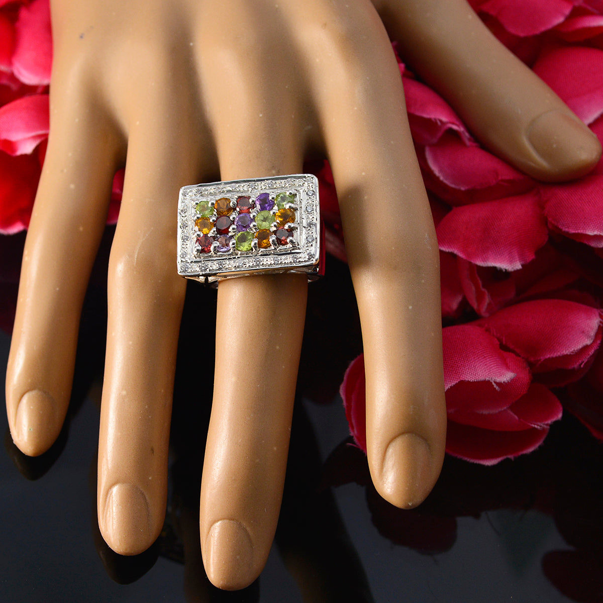 Multi Stone Halo Russian 92.5 Silver multicolor Gemstones Essential  Cocktail Ring Jewellery