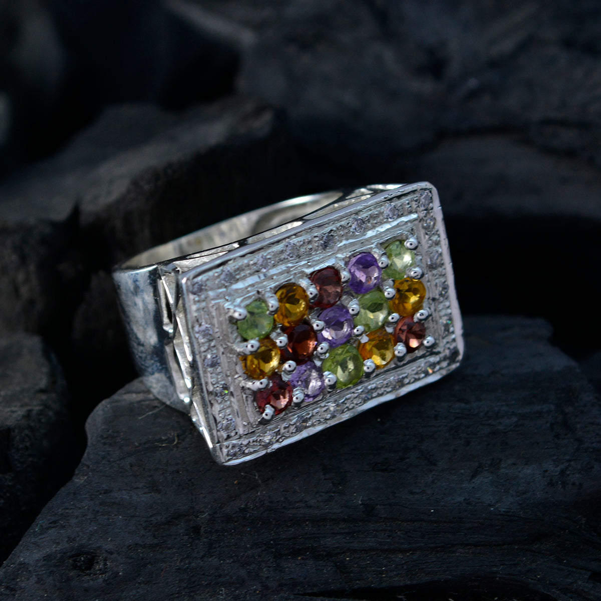 Multi Stone Halo Russian 92.5 Silver multicolor Gemstones Essential  Cocktail Ring Jewellery