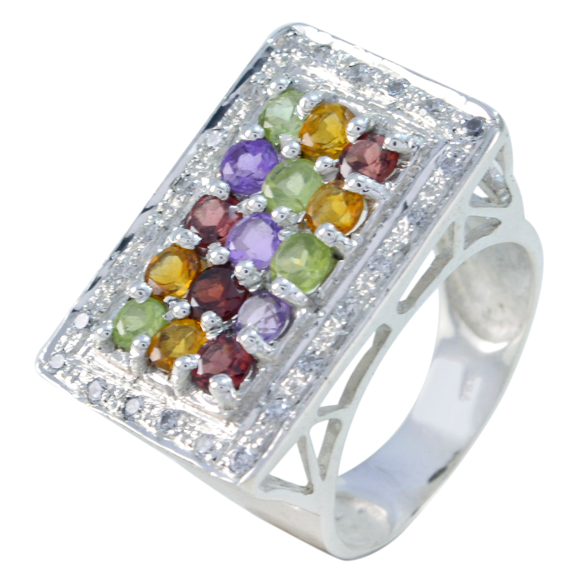 Multi Stone Halo Russian 92.5 Silver multicolor Gemstones Essential  Cocktail Ring Jewellery メイン画像