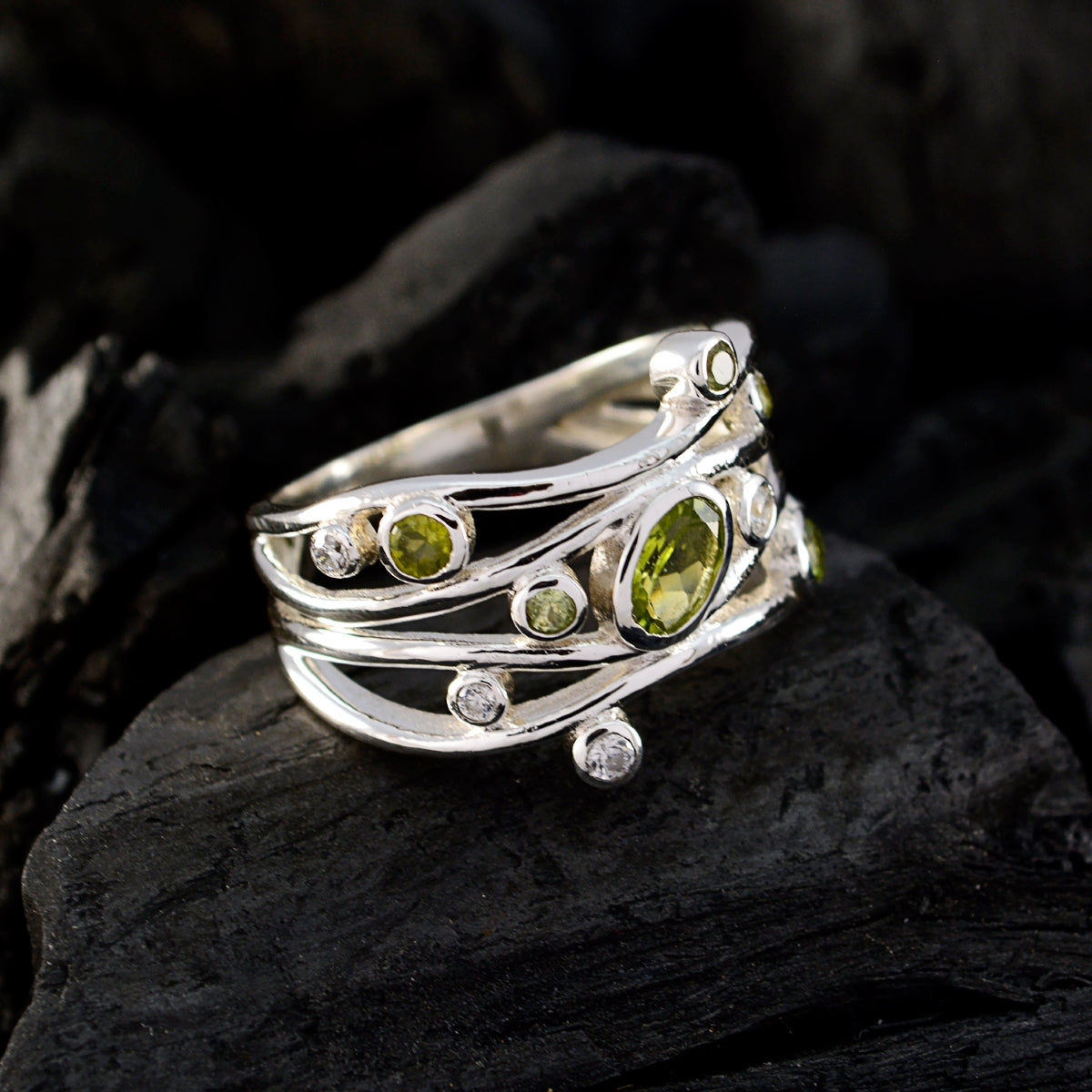 Multi Stone multiple African 925 Silver multicolor Gems Mid weight Feminine Ring Jewelry