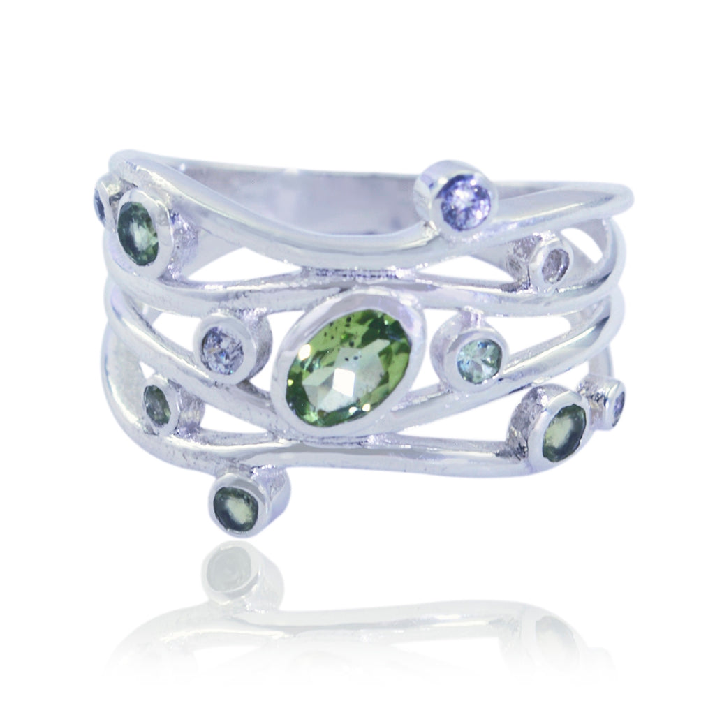 Multi Stone multiple African 925 Silver multicolor Gems Mid weight Feminine Ring Jewelry