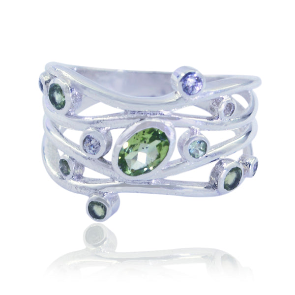 Multi Stone multiple African 925 Silver multicolor Gems Mid weight Feminine Ring Jewelry