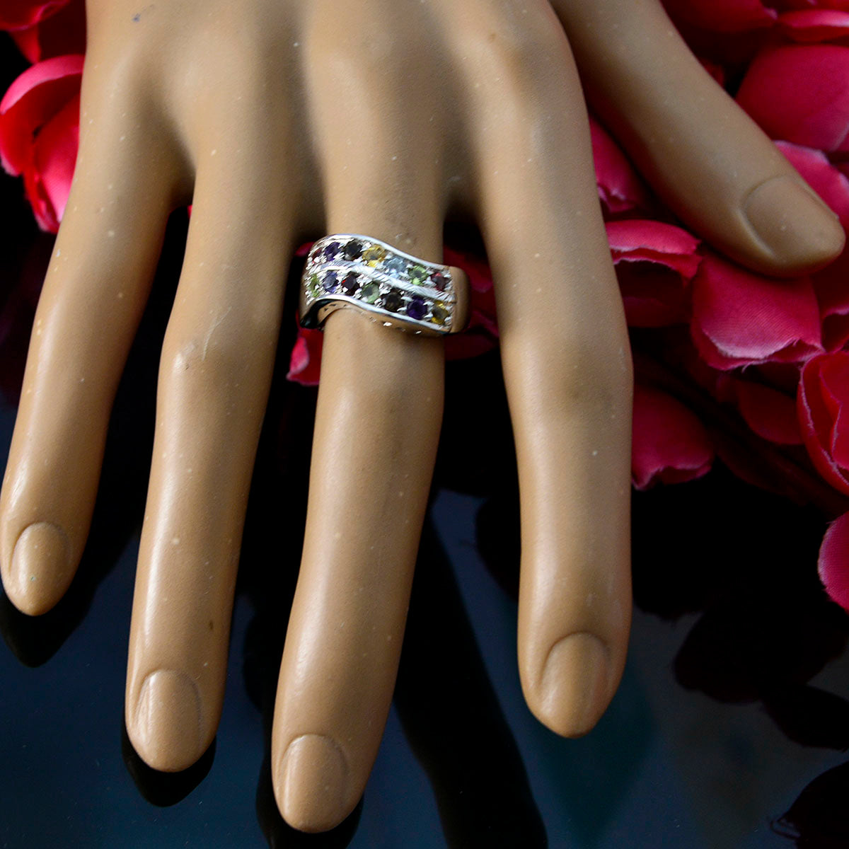 Multi Stone Halo Moroccan Silver multicolor Gemstones Minimal Boho Ring Jewellery