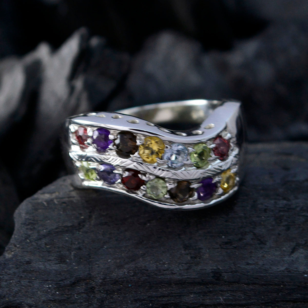 Multi Stone Halo Moroccan Silver multicolor Gemstones Minimal Boho Ring Jewellery