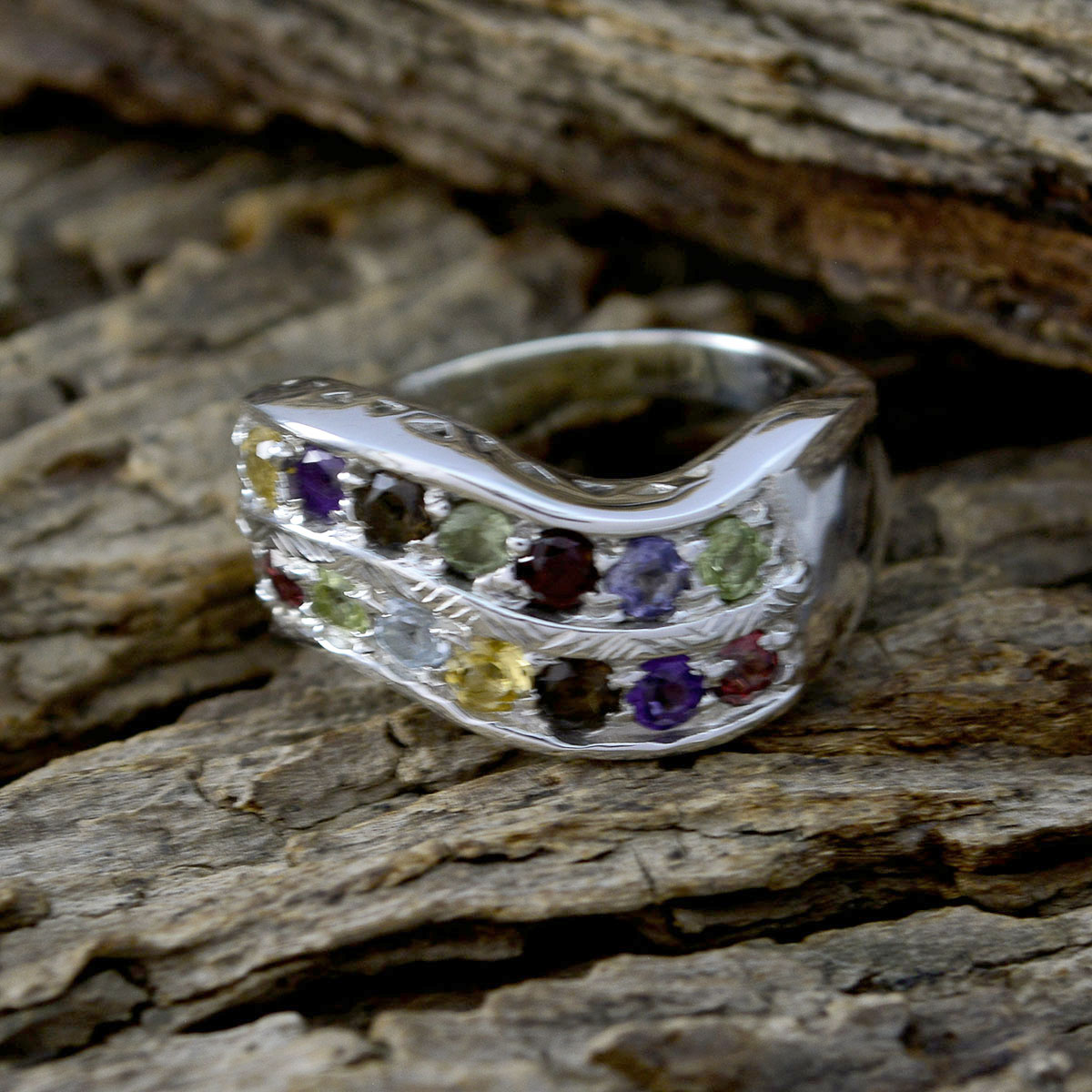 Multi Stone Halo Moroccan Silver multicolor Gemstones Minimal Boho Ring Jewellery