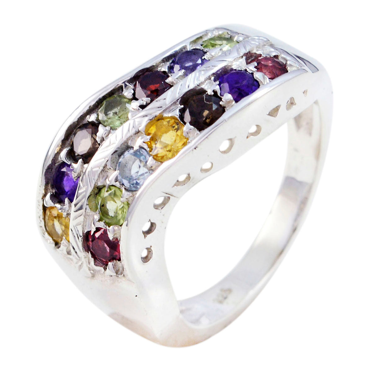 Multi Stone Halo Moroccan Silver multicolor Gemstones Minimal Boho Ring Jewellery