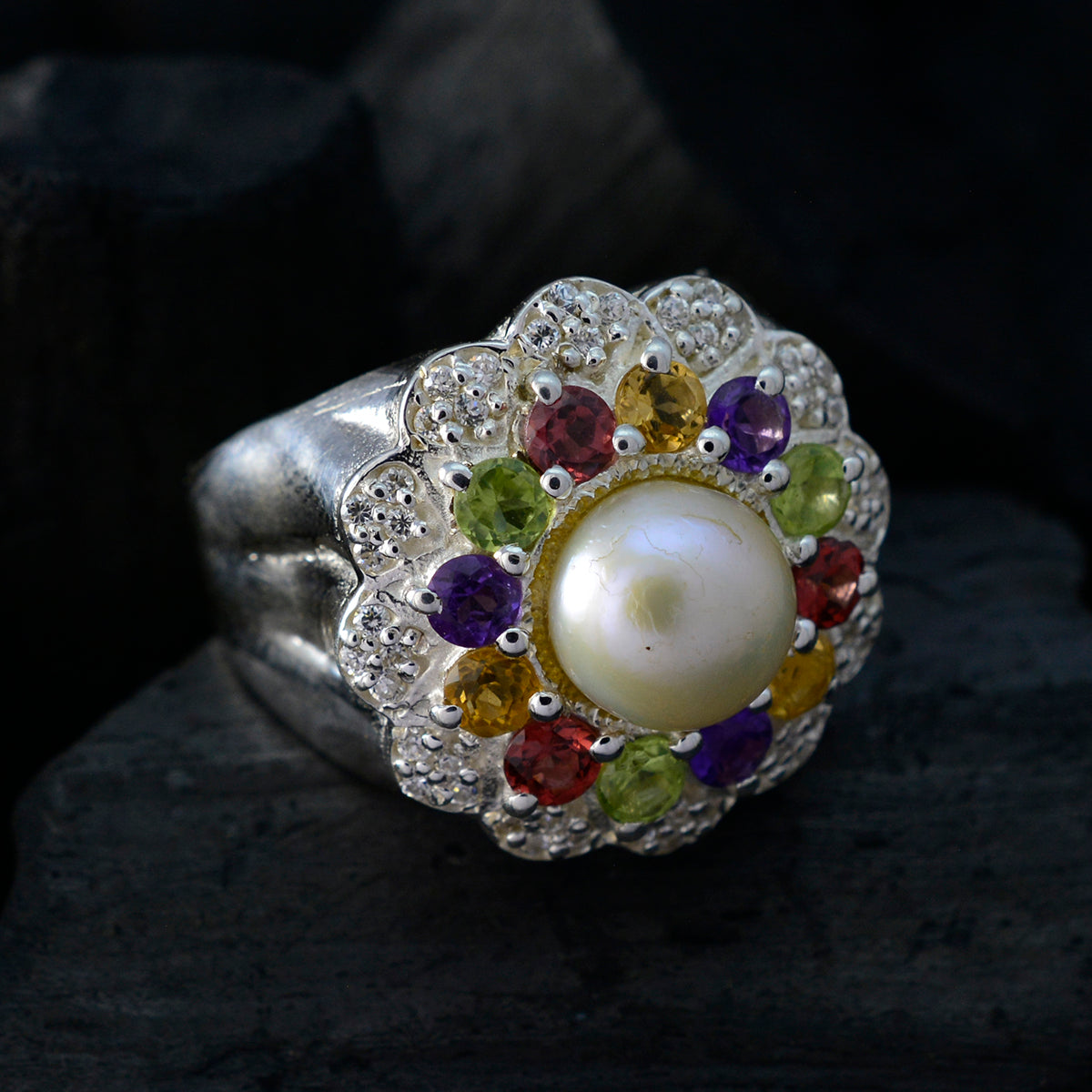 Multi Stone Halo French Silver multicolor Gemstone Statement Cocktail Ring Jewelry