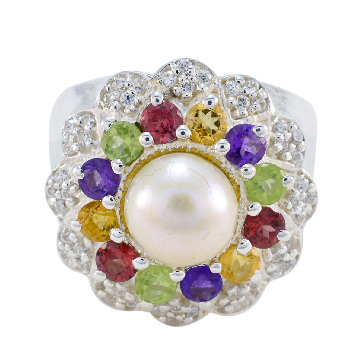 Multi Stone Halo French Silver multicolor Gemstone Statement Cocktail Ring Jewelry メイン画像