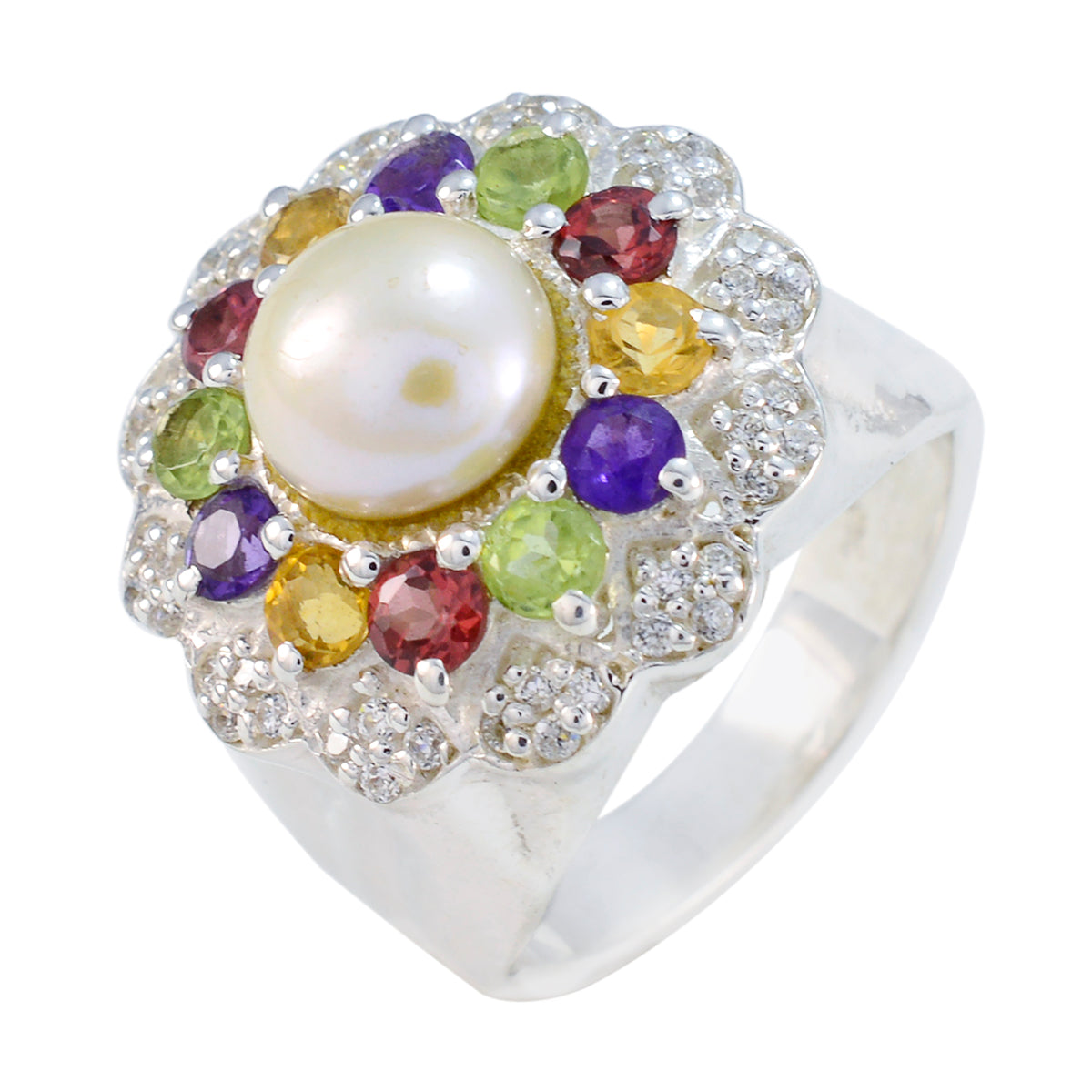Multi Stone Halo French Silver multicolor Gemstone Statement Cocktail Ring Jewelry