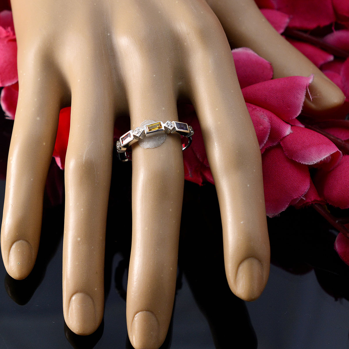 Multi Stone quarter Japanese 92.5 Silver multicolor Gemstones Dainty Trendy Band Jewelry