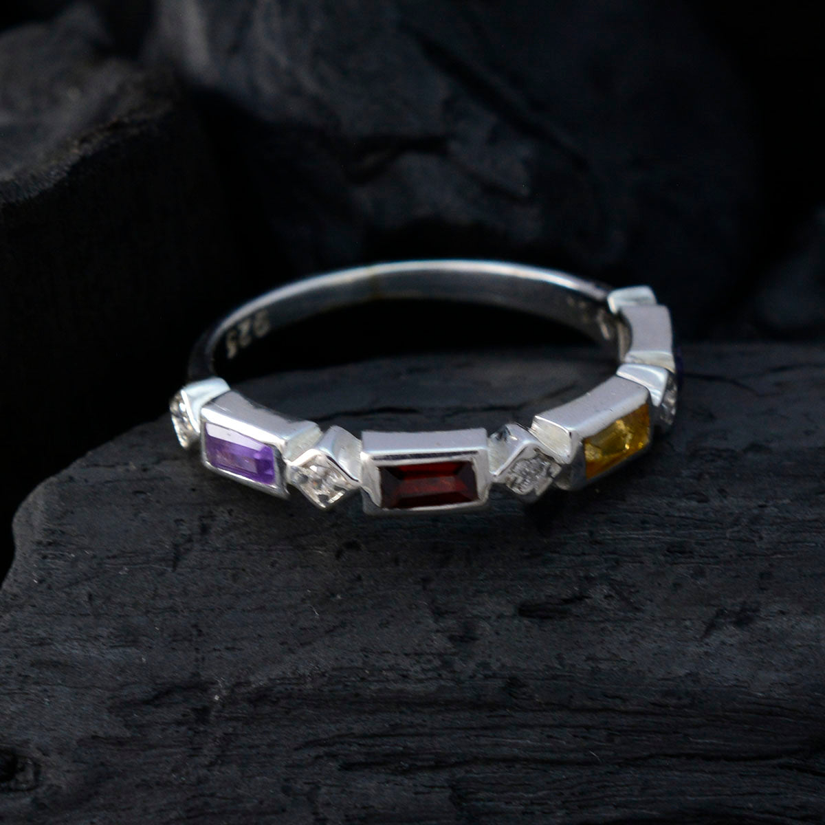 Multi Stone quarter Japanese 92.5 Silver multicolor Gemstones Dainty Trendy Band Jewelry