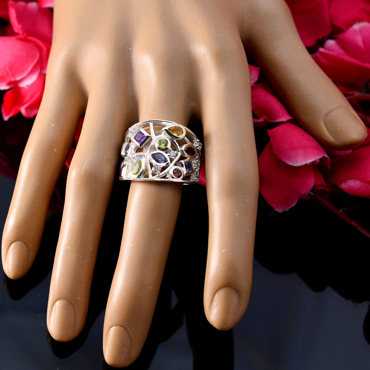 Multi Stone multiple French 92.5 Silver multicolor Gems Versatile Cocktail Ring Jewelry