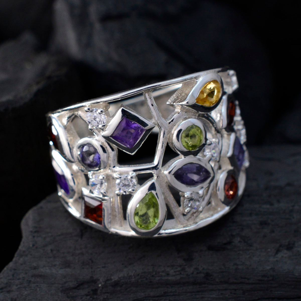 Multi Stone multiple French 92.5 Silver multicolor Gems Versatile Cocktail Ring Jewelry