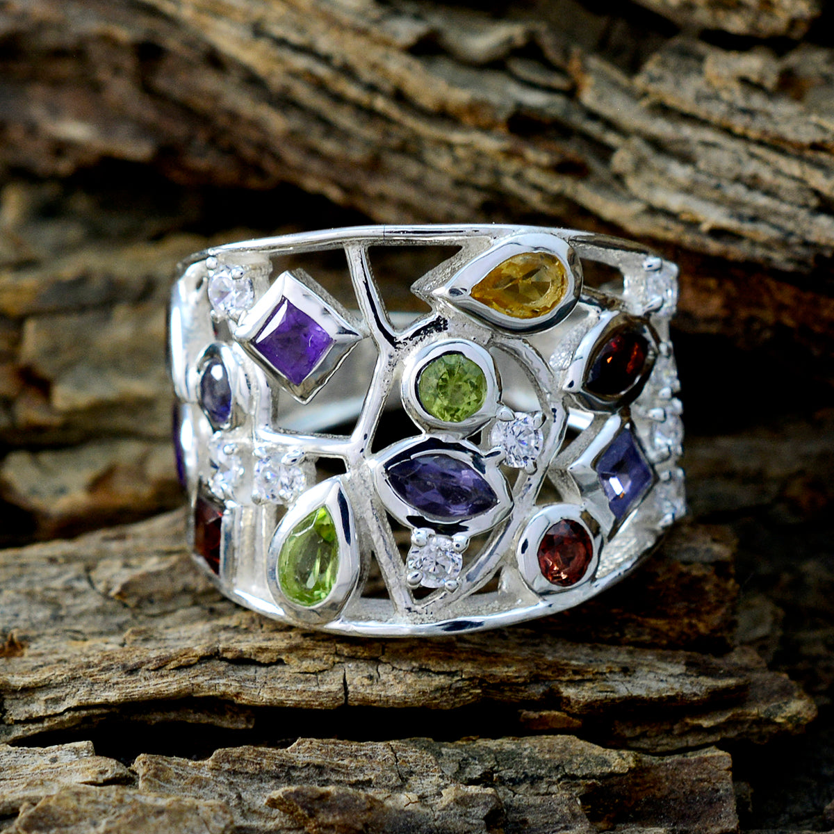 Multi Stone multiple French 92.5 Silver multicolor Gems Versatile Cocktail Ring Jewelry