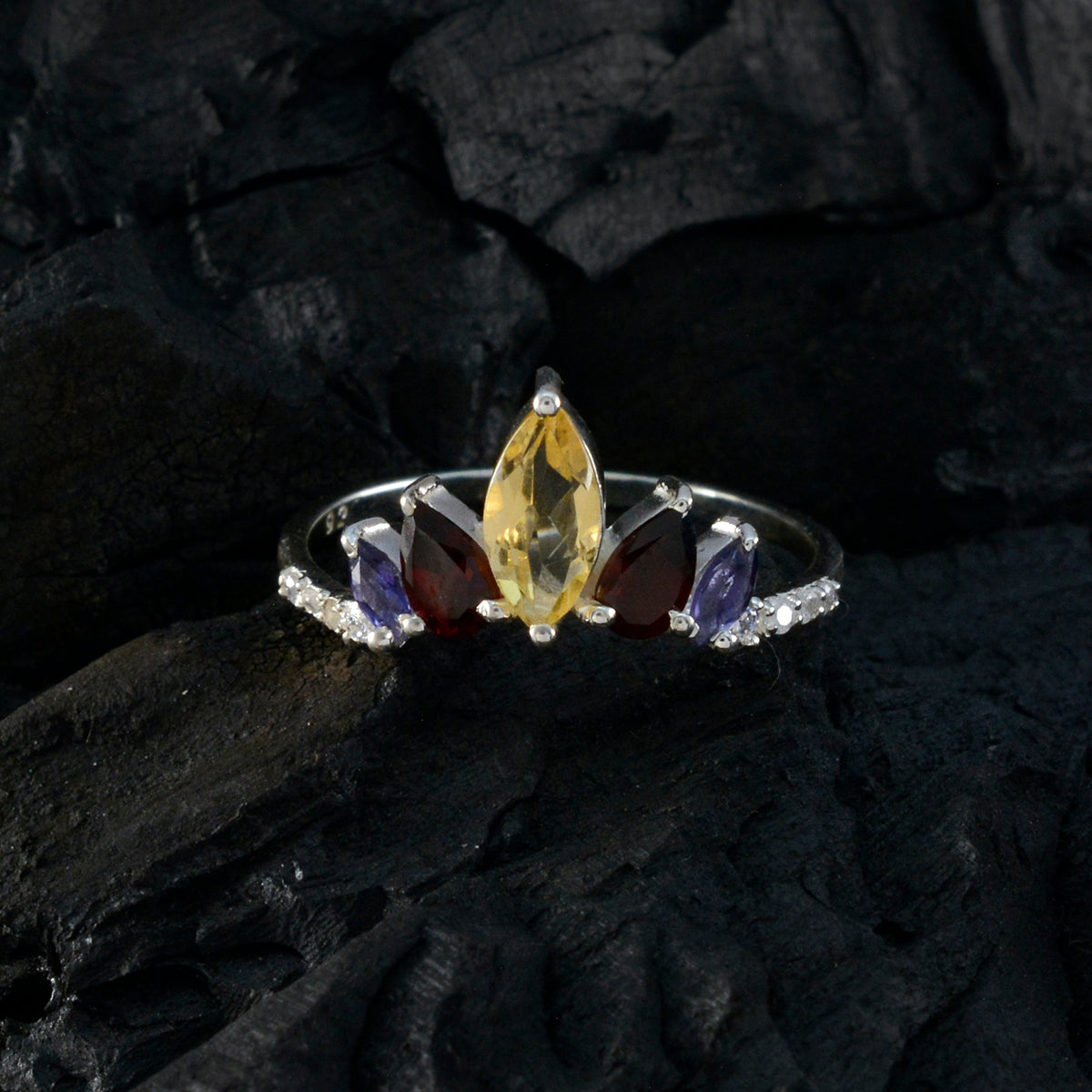 Multi Stone Penta American 925 Silver multicolor Gemstone Elegant  crown Ring Jewellery