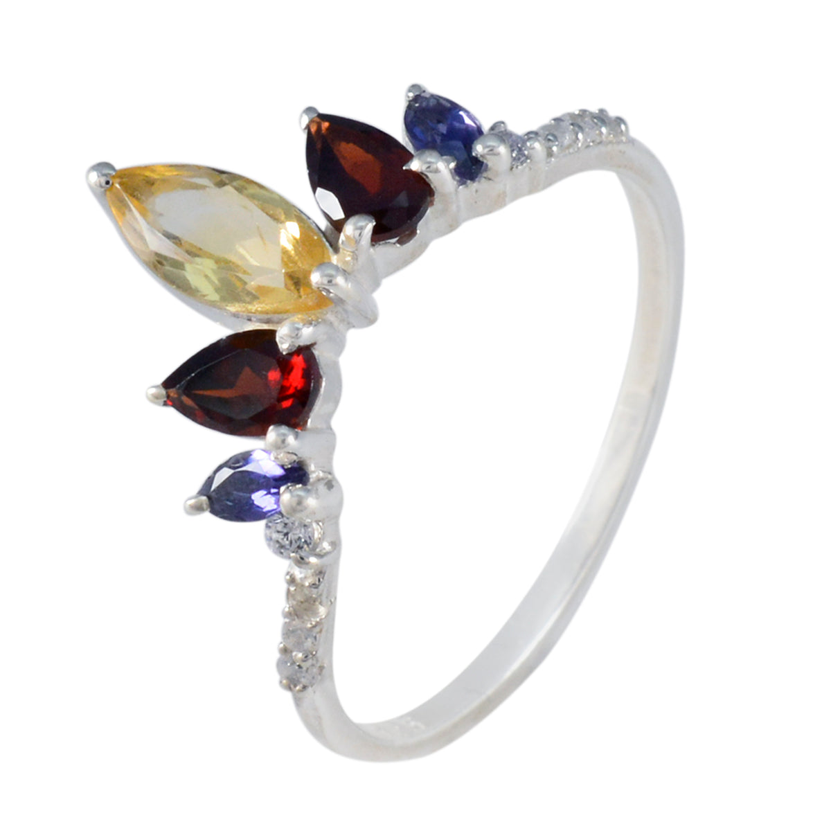 Multi Stone Penta American 925 Silver multicolor Gemstone Elegant  crown Ring Jewellery