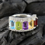 Multi Stone Penta French Sterling Silver multicolor Gemstone Classic Sophisticated Ring Jewelry