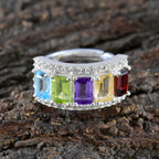 Multi Stone Penta French Sterling Silver multicolor Gemstone Classic Sophisticated Ring Jewelry