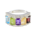 Multi Stone Penta French Sterling Silver multicolor Gemstone Classic Sophisticated Ring Jewelry