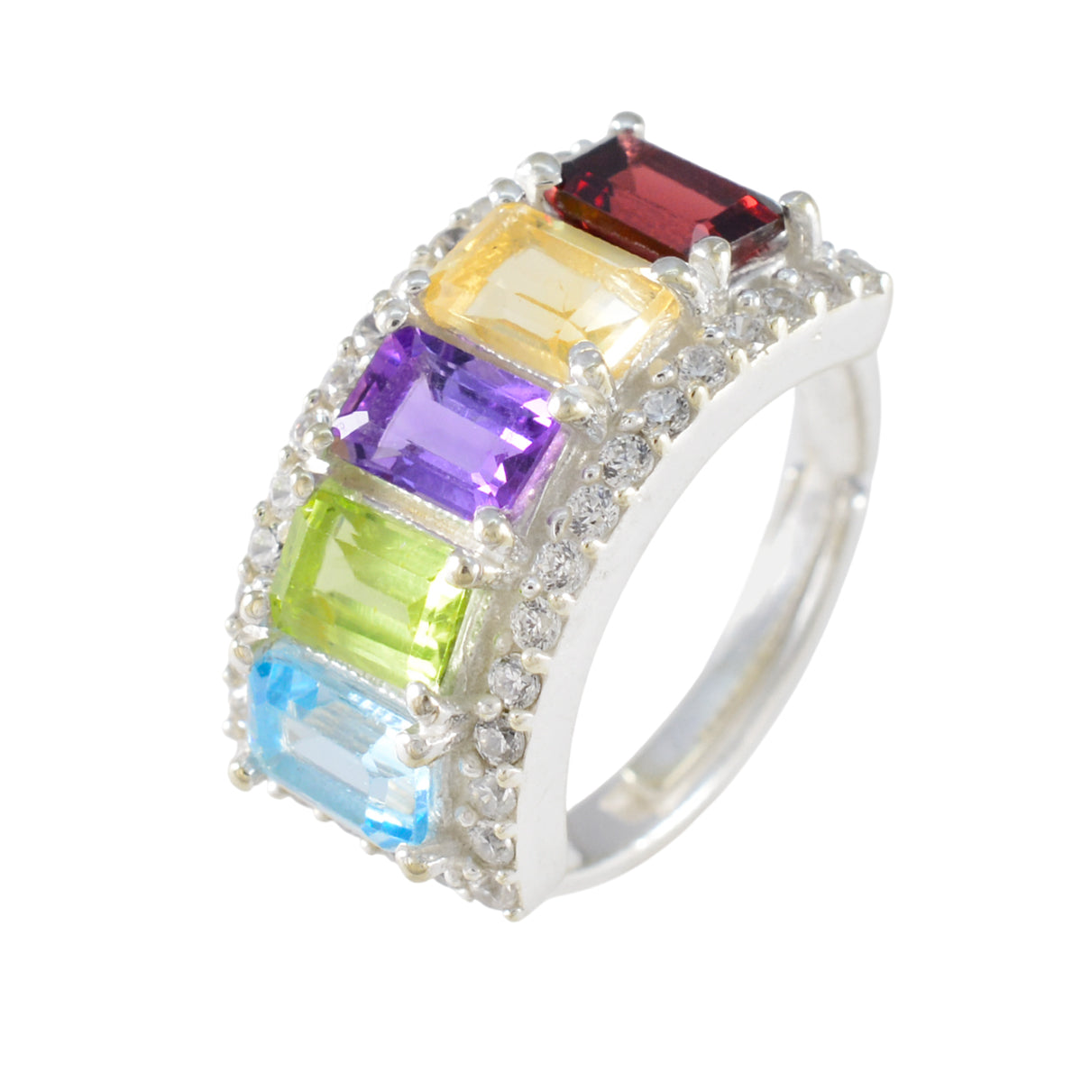 Multi Stone Penta French Sterling Silver multicolor Gemstone Classic Sophisticated Ring Jewelry