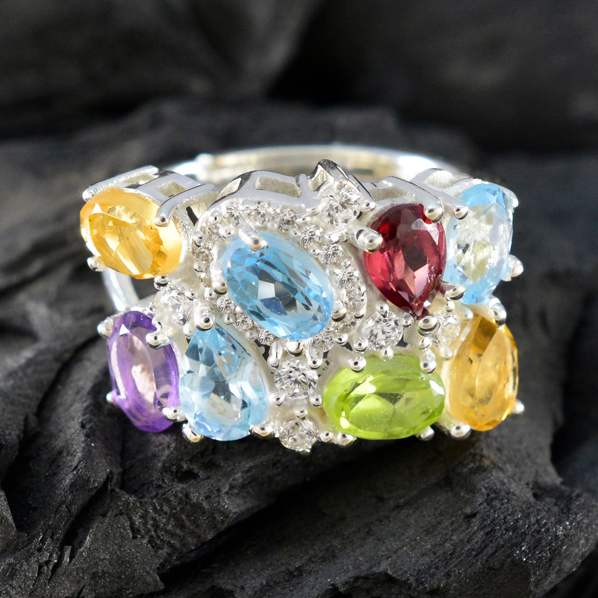Multi Stone multiple Indian 92.5 Silver multicolor Gems Minimal Cocktail Ring Jewelry