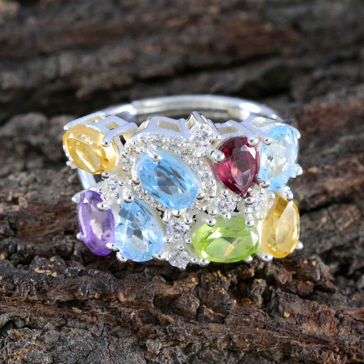 Multi Stone multiple Indian 92.5 Silver multicolor Gems Minimal Cocktail Ring Jewelry