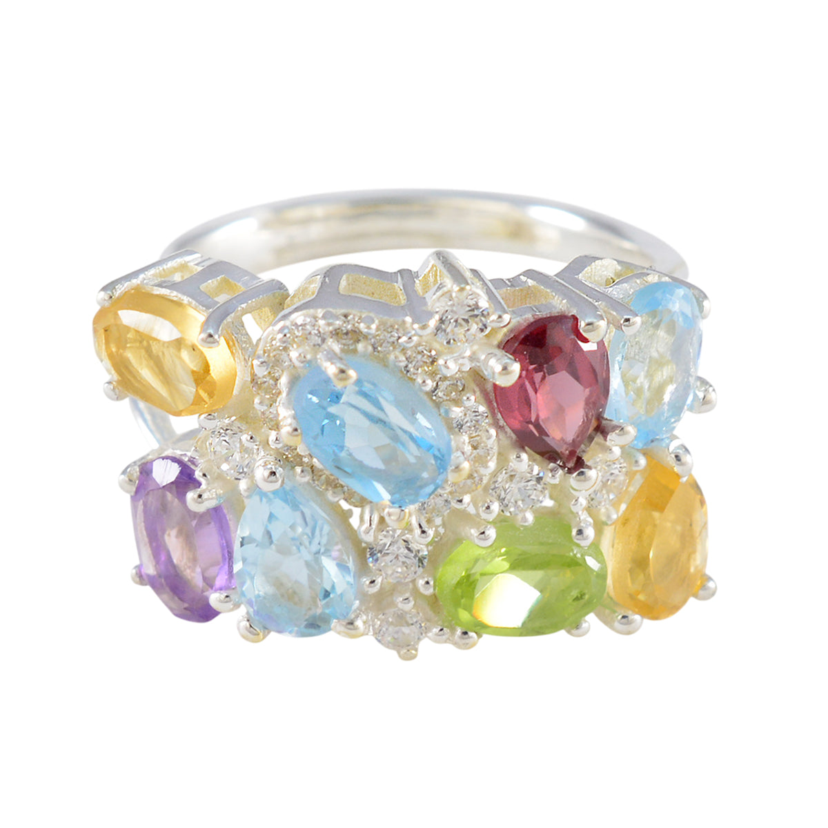Multi Stone multiple Indian 92.5 Silver multicolor Gems Minimal Cocktail Ring Jewelry