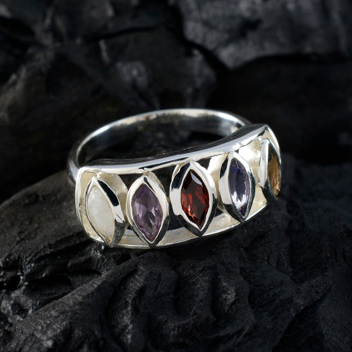 Multi Stone Penta African 925 Silver multicolor Gems Tiny Sophisticated Ring Jewellery