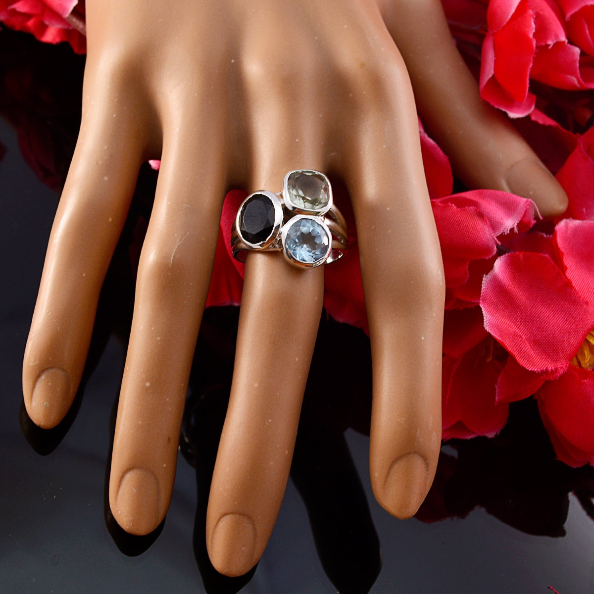 Multi Stone Trilogy Indian Silver multicolor Gemstone Mid weight Cocktail Ring Jewellery